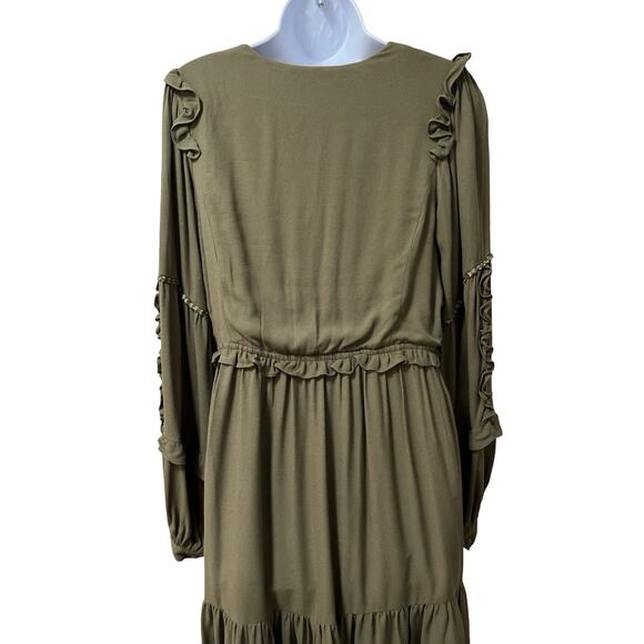 Hale Bob Josephine Embroidered Tiered Maxi Long Dress Size L Olive Green Boho - Picture 4 of 12